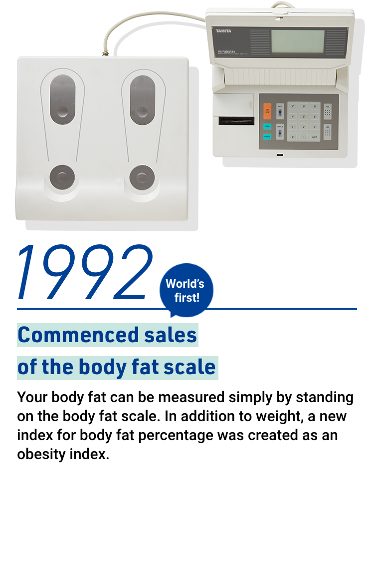 1992 Commenced sales of the body fat scale Your body fat can be measured simply by standing on the body fat scale. In addition to weight, a new index for body fat percentage was created as an obesity index.